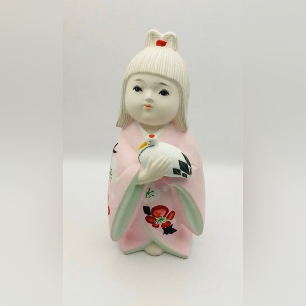 Hakata Geisha Vintage Doll Japanese Woman in Flower Kimono Pink Red 7” tall